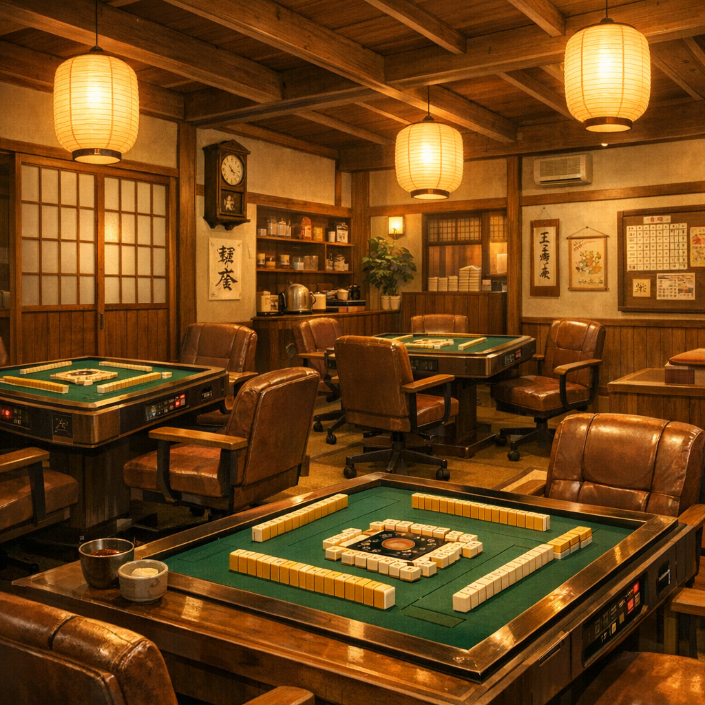 名古屋の麻雀クエストをイメージした雀荘内部のイラスト