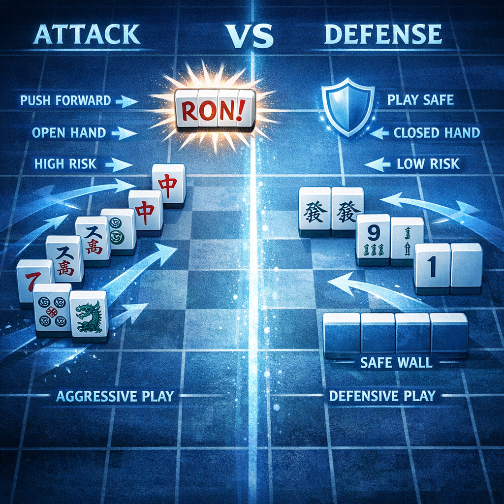 攻守バランスの麻雀戦略を示す分析イラスト