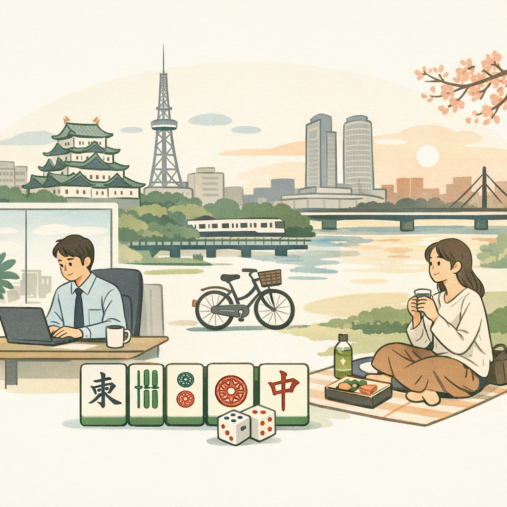 名古屋での相川まりえの生活とワークライフバランスを表すイラスト