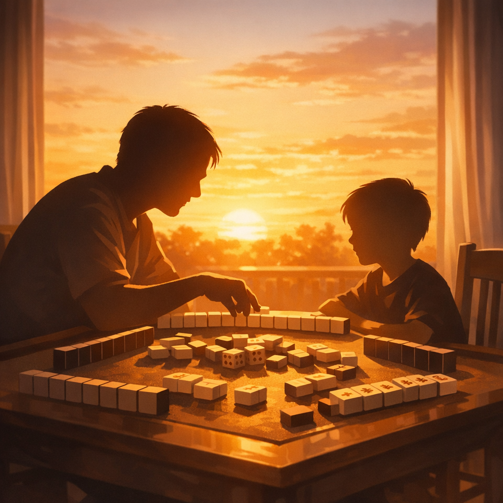 父との再会と麻雀のつながりを表すイラスト