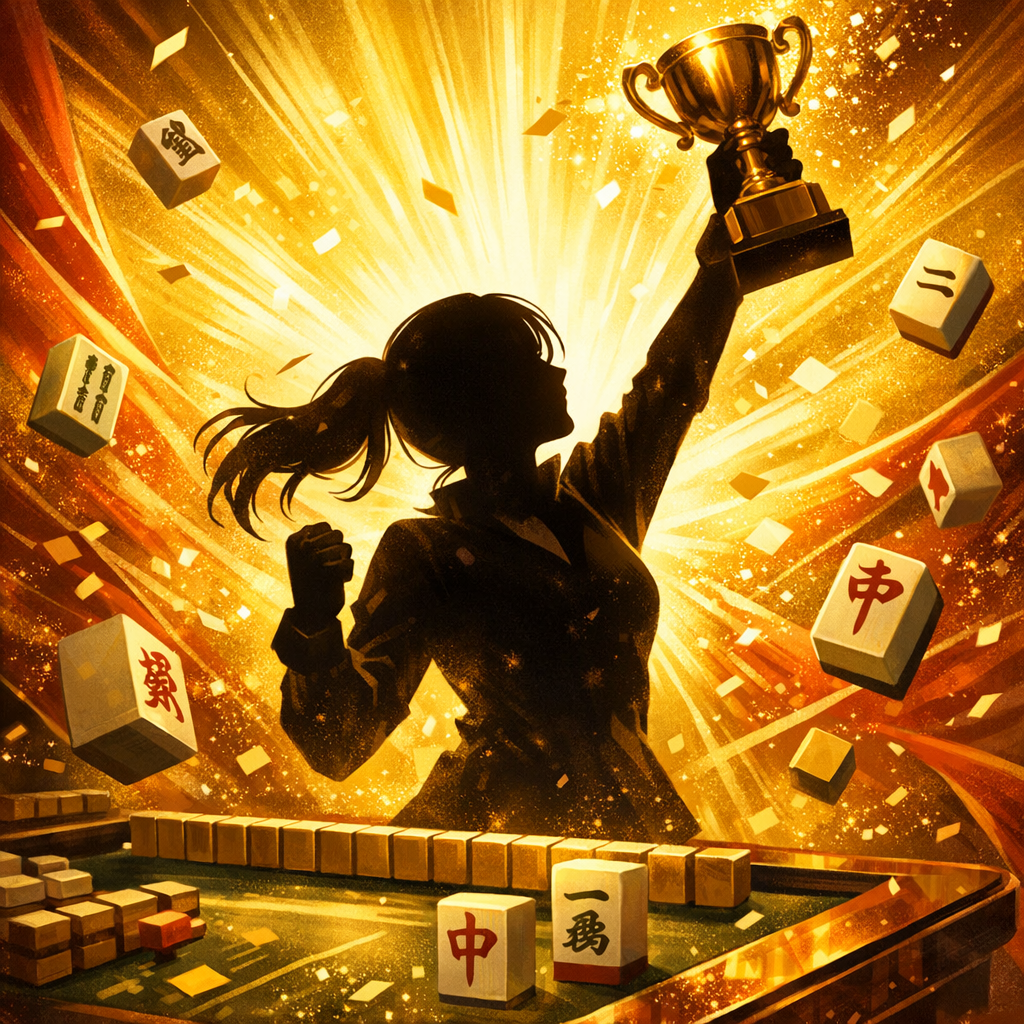 女流雀士がトロフィーを掲げるイラスト