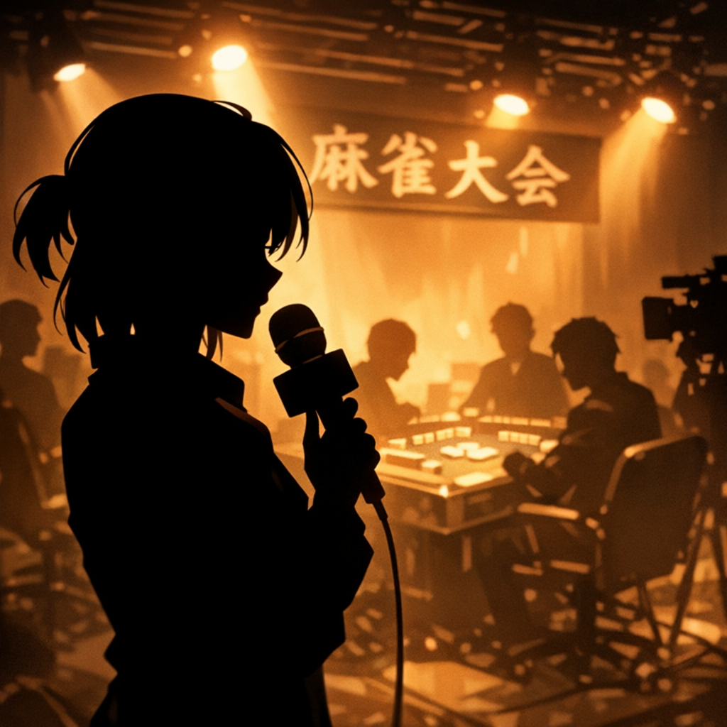 Mリーグレポーターが選手にインタビューするイラスト