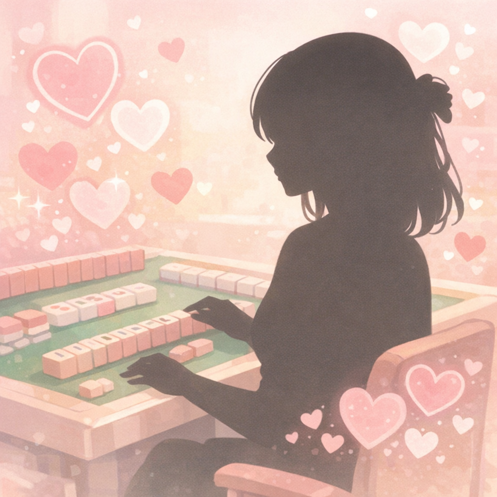 シルエットの女性が麻雀卓に座りハートが漂うイラスト
