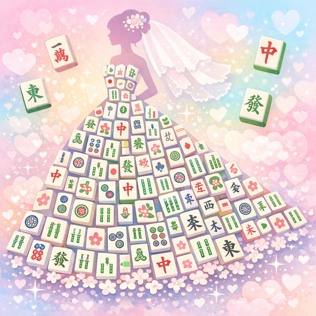 ウェディングドレスのシルエットと麻雀牌のコラージュイラスト