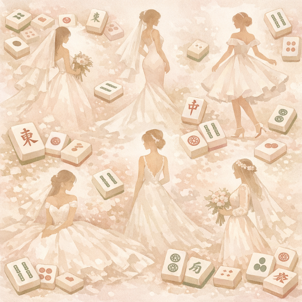 ウェディングドレスのシルエットと麻雀牌