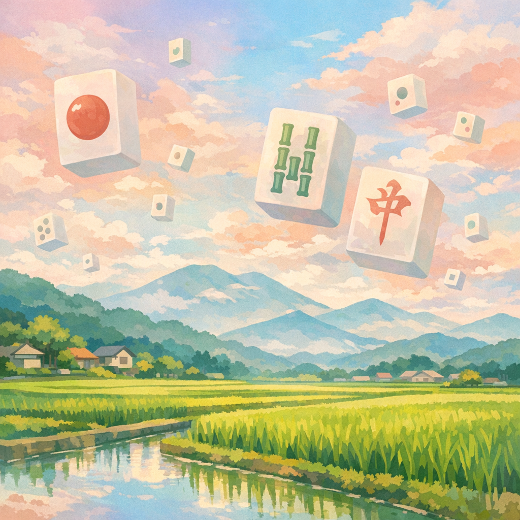 大分の田園風景と抽象的な麻雀牌のイラスト