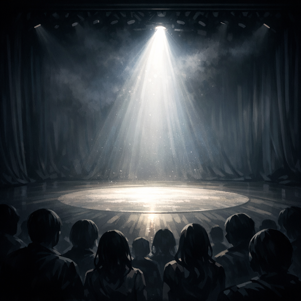 スポットライトが当たるステージと観客のシルエット