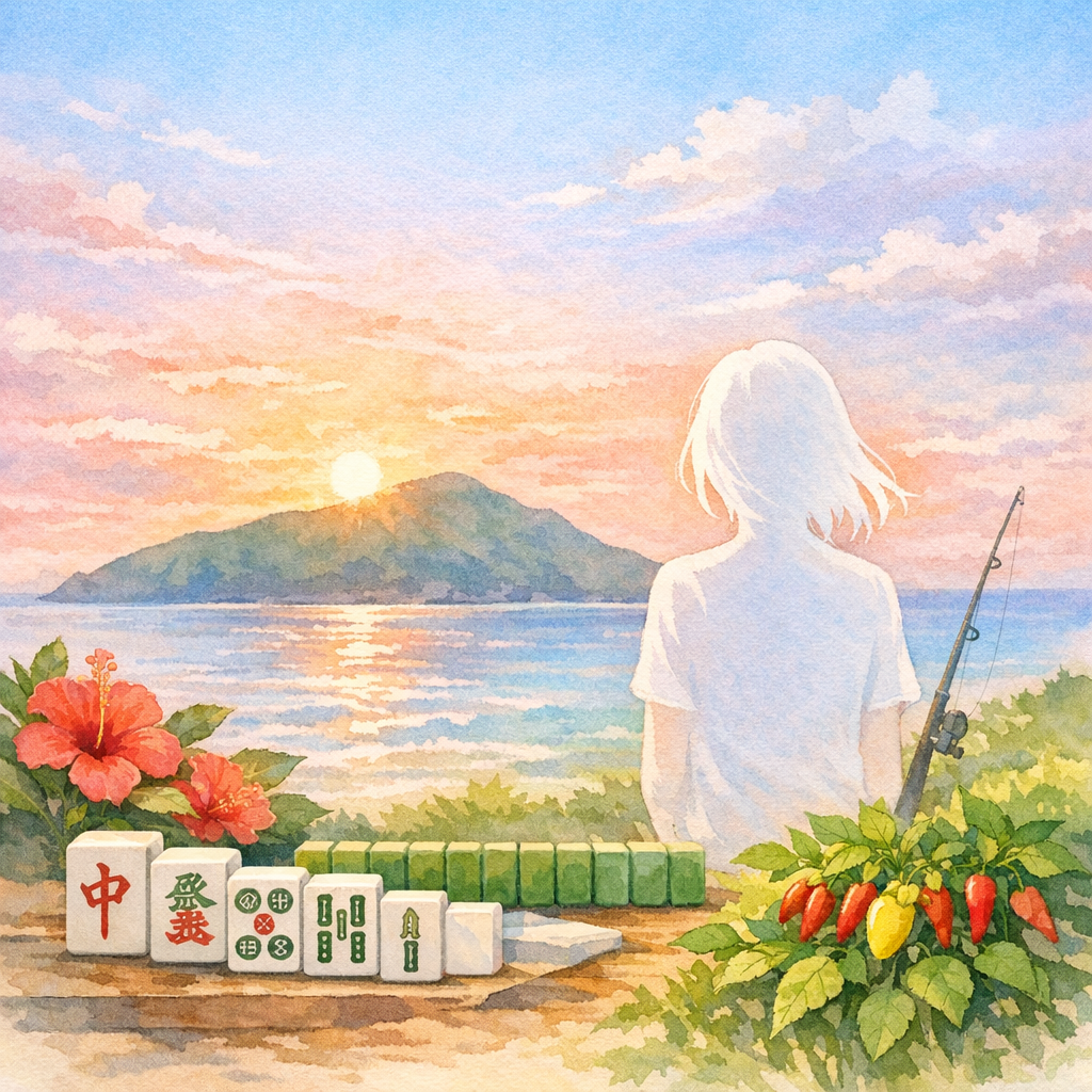 八丈島の風景と麻雀牌のイメージイラスト