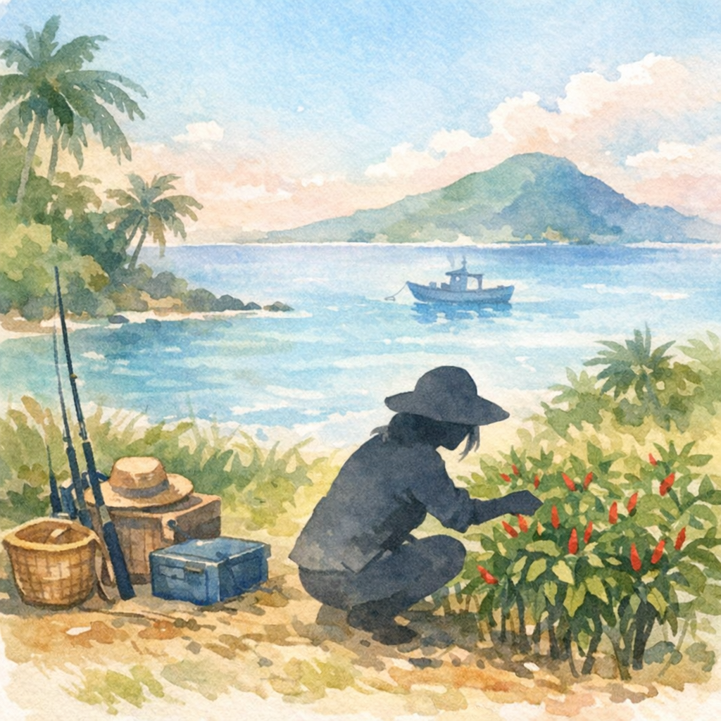 八丈島での畑仕事と釣りの暮らしのイラスト