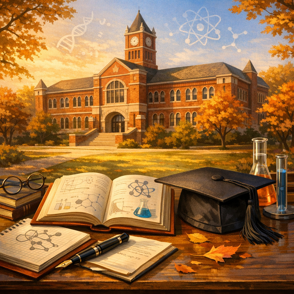 大学キャンパスと本やノートの学びのイメージイラスト