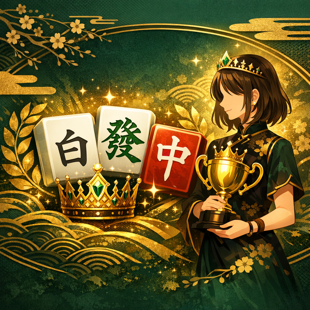 麻雀牌と王冠をモチーフにした女流雀王プロフィール記事のバナーイラスト