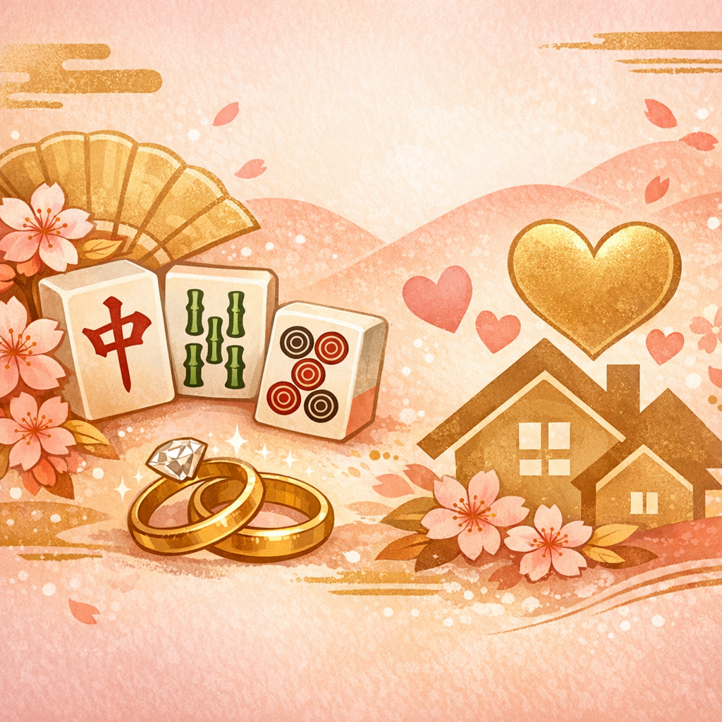 麻雀牌と指輪、家のシルエットを描いた結婚・家族テーマのバナーイラスト