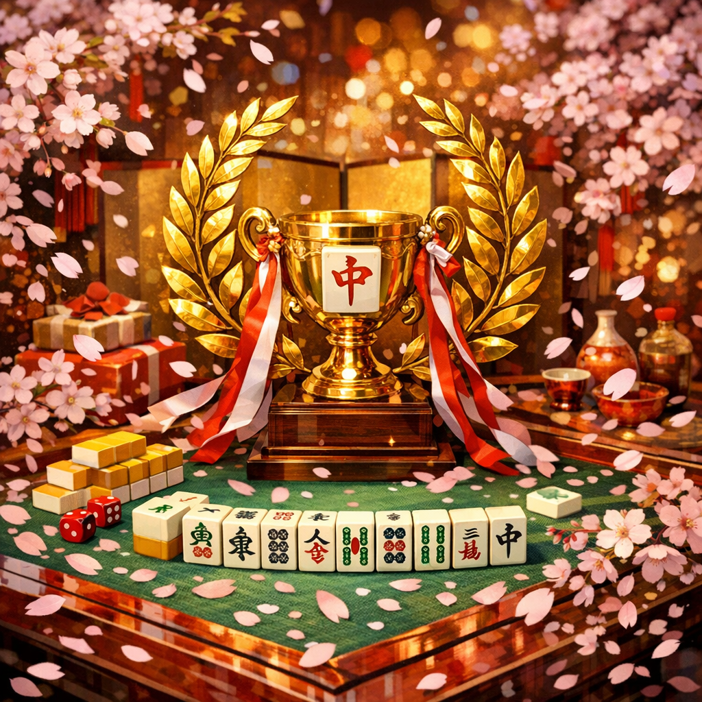 麻雀のトロフィーと桜の花びらの抽象的なイラスト