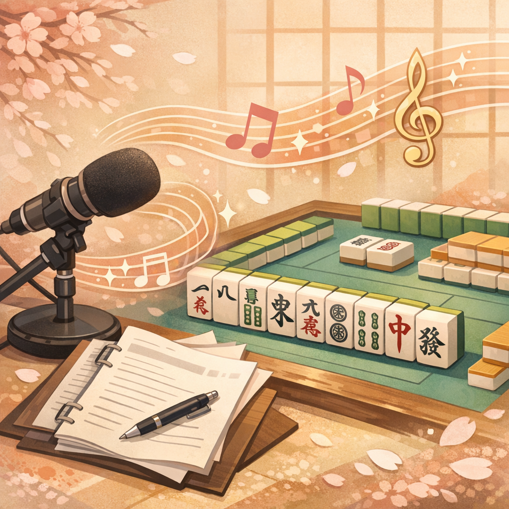 麻雀牌とマイクと音符を組み合わせたイメージイラスト