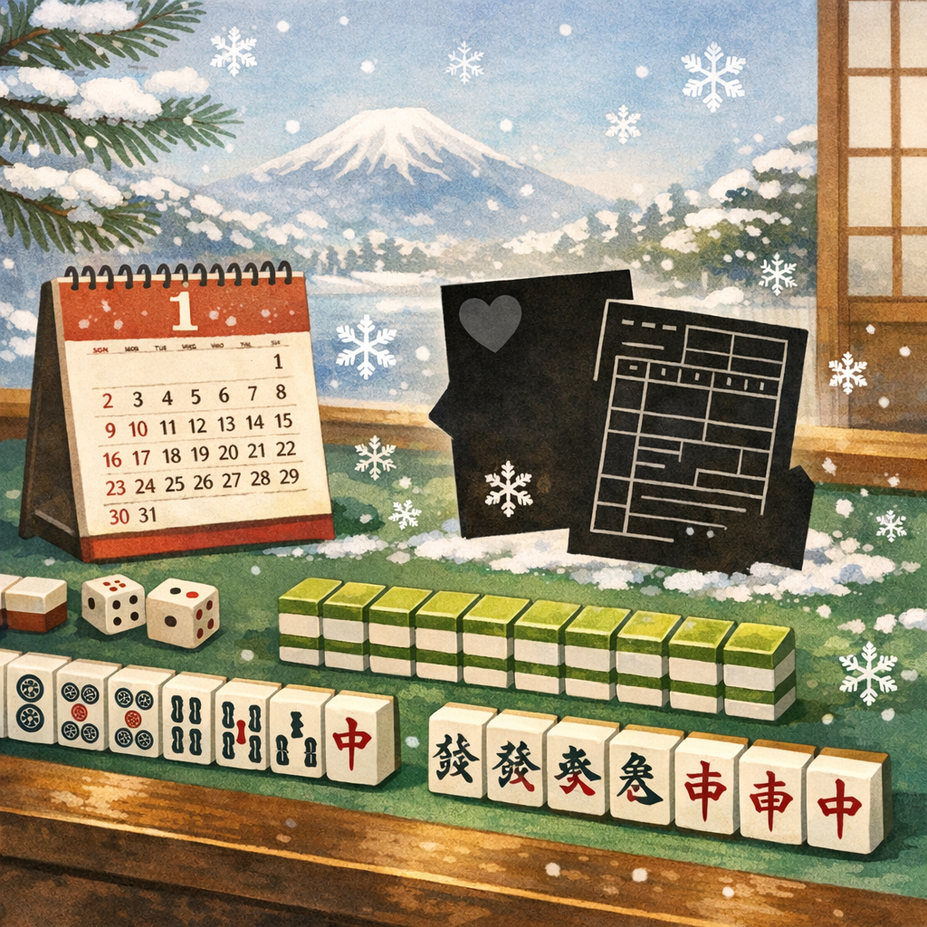 1月の入籍をイメージした麻雀と冬のイラスト