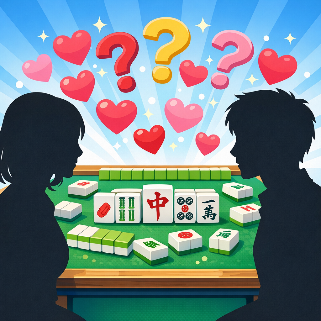 麻雀卓を挟んで向かい合う男女のシルエットと?マークのイラスト