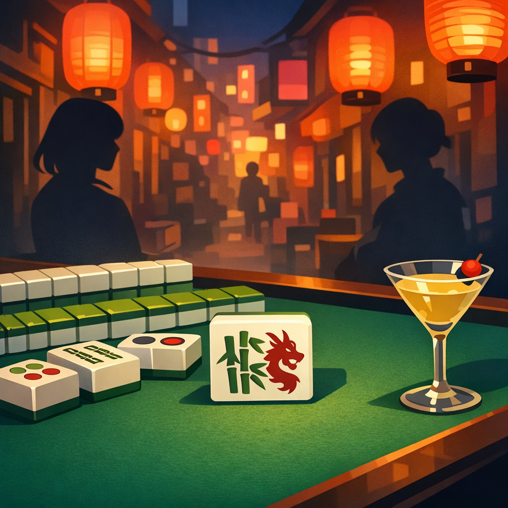 麻雀牌と雀卓、ゴールデン街風の夜景イラスト